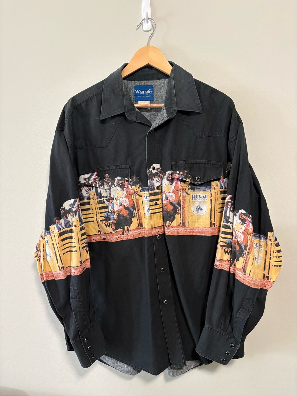 Wrangler Western Shirt Mens L Black PRCA ProRodeo Print Pearl Snap Long Sleeve